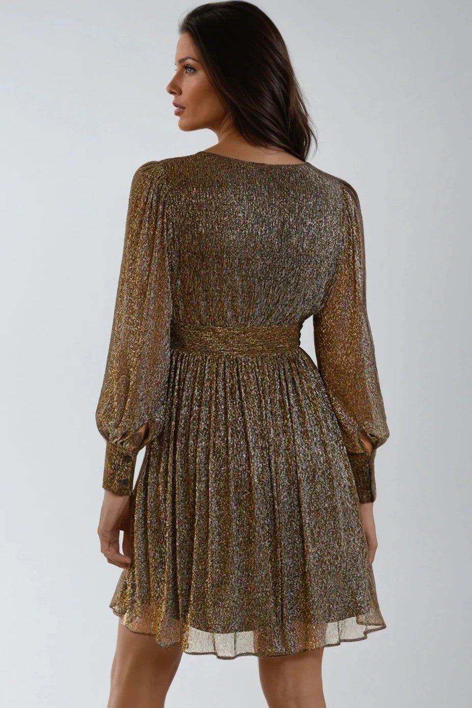 Gold Metallic V - Neck Mini Dress - Lolomo!