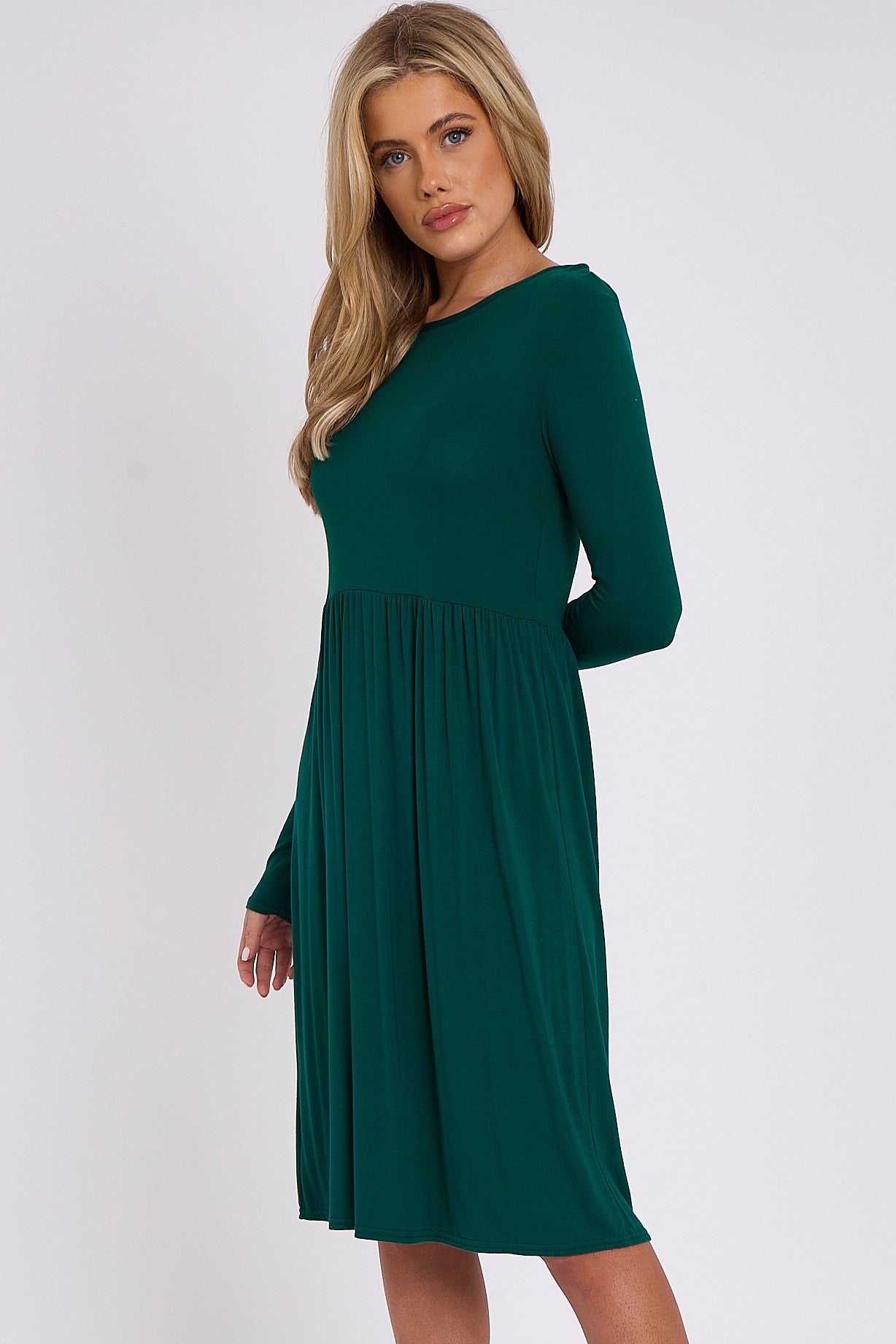 Green Long Sleeve Gathered Waist Dress - Lolomo!