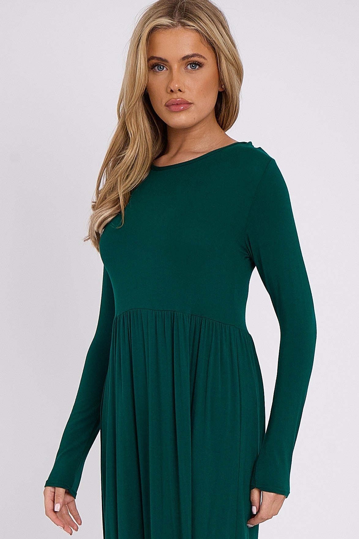 Green Long Sleeve Gathered Waist Dress - Lolomo!