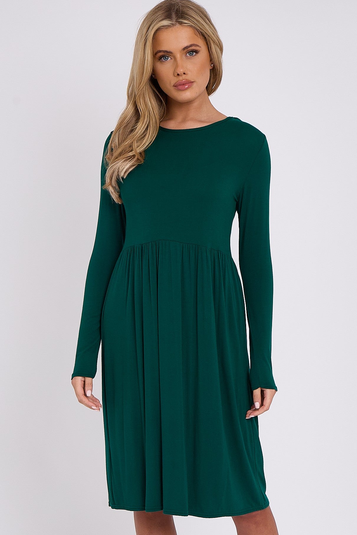 Green Long Sleeve Gathered Waist Dress - Lolomo!
