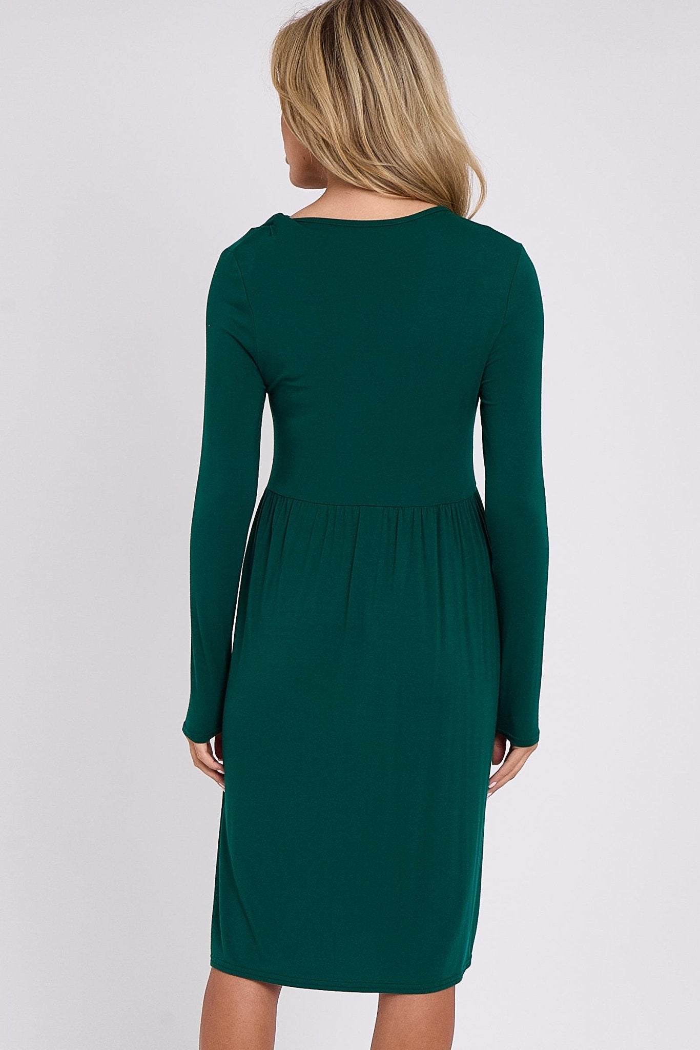 Green Long Sleeve Gathered Waist Dress - Lolomo!