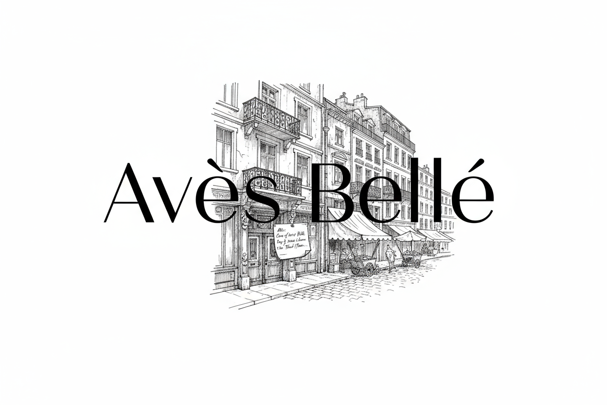 Highest end fashion typeface and logo background showing a drawing of the last E trailing into a city street with lots of venders and a blakc and white drawing of a tenement  front door reads a door sign over metal facade in beutifully shorthand cursive the paper kn the drawing, in the doorway door says exactly this please copy past my quotations “ Attn: Care of Avēs Bellé Ring 9, enter Lolomo to the Third Floor…”