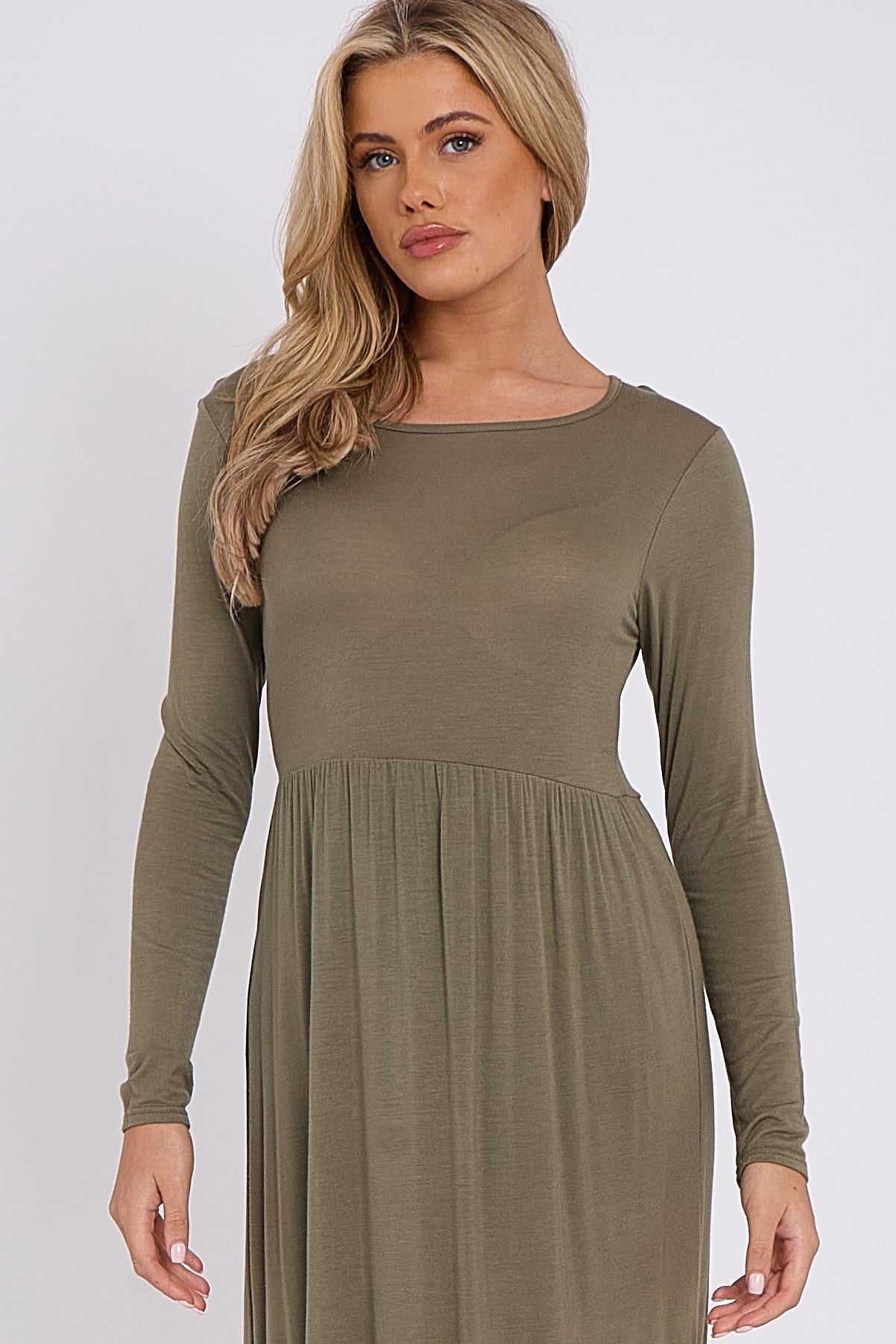 Khaki Long Sleeve Gathered Waist Dress - Lolomo!