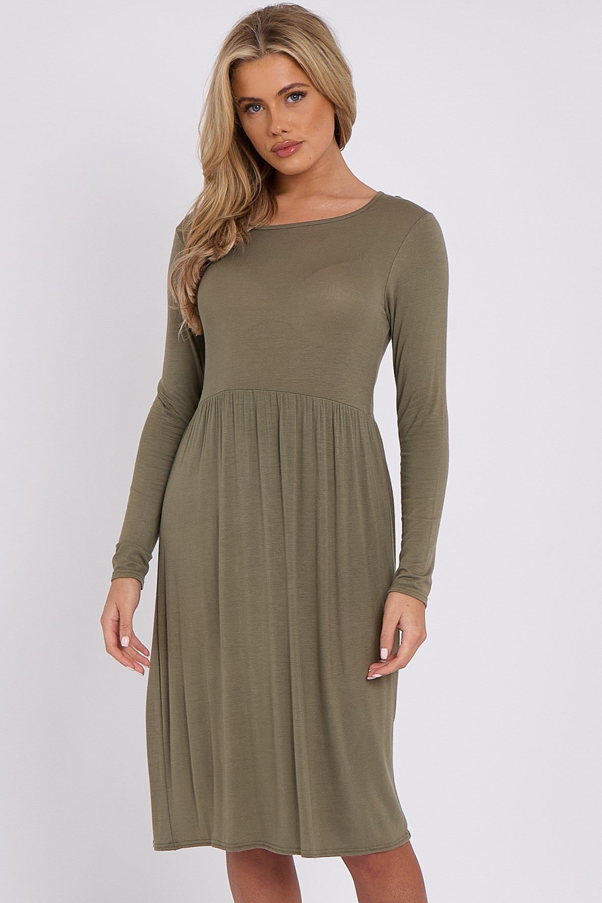 Khaki Long Sleeve Gathered Waist Dress - Lolomo!