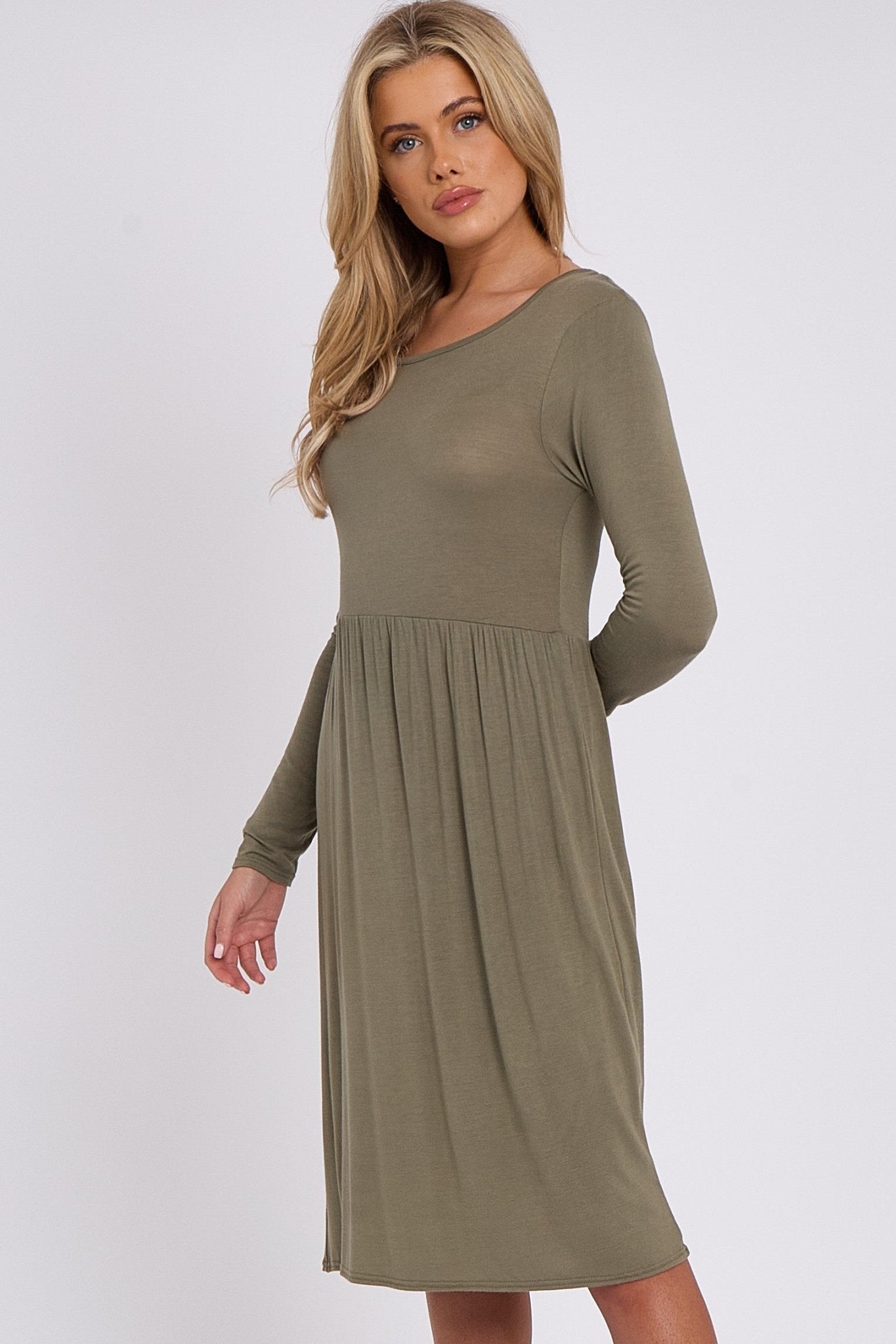Khaki Long Sleeve Gathered Waist Dress - Lolomo!