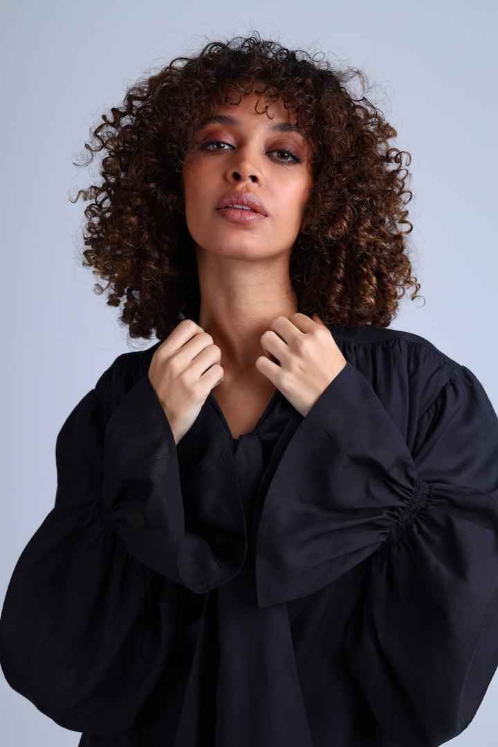 Protagonista Tencel Pussy-Bow Black Blouse With Voluminous Airy Sleeves