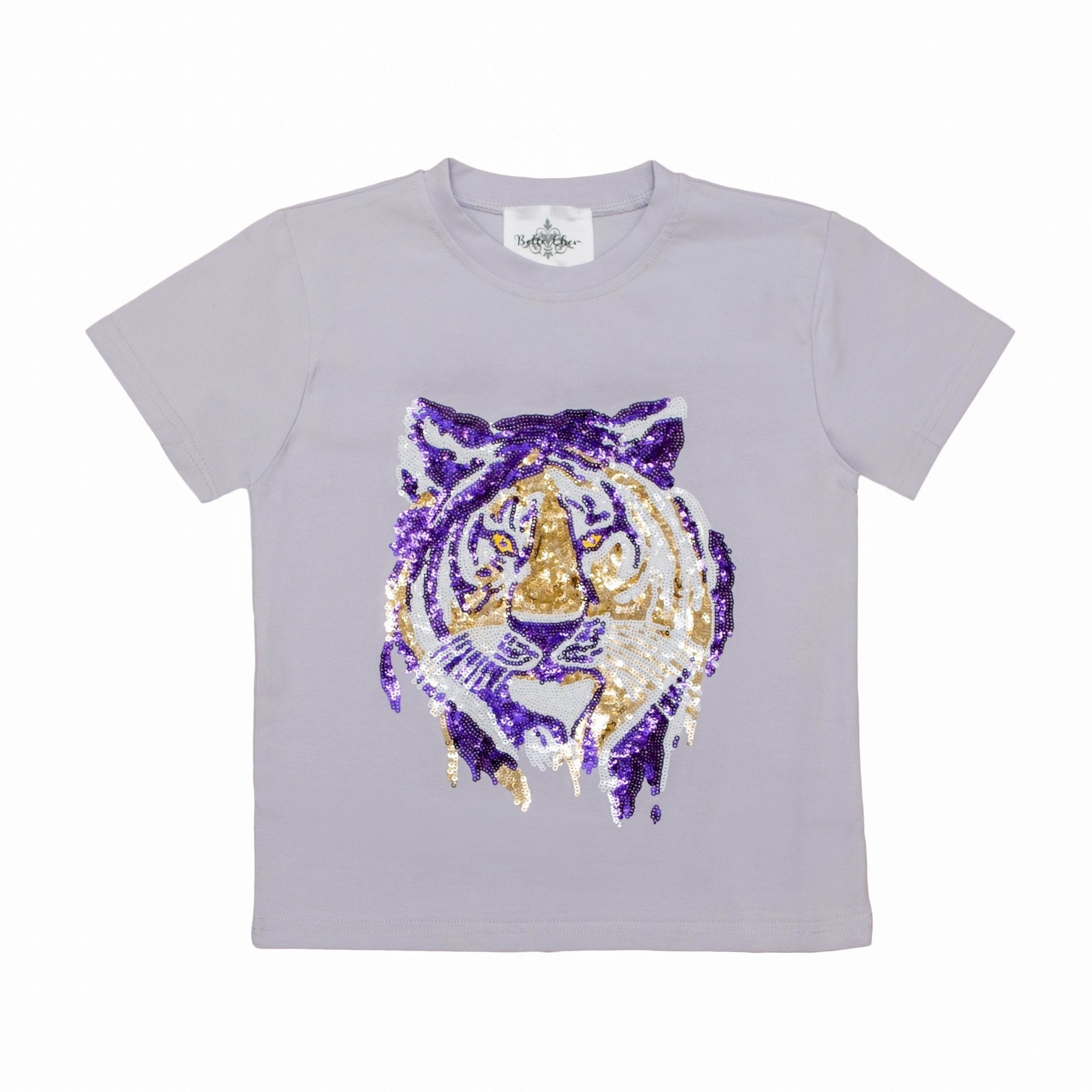 Lavender Tiger Face Sequin Kid Shirt - Lolomo!