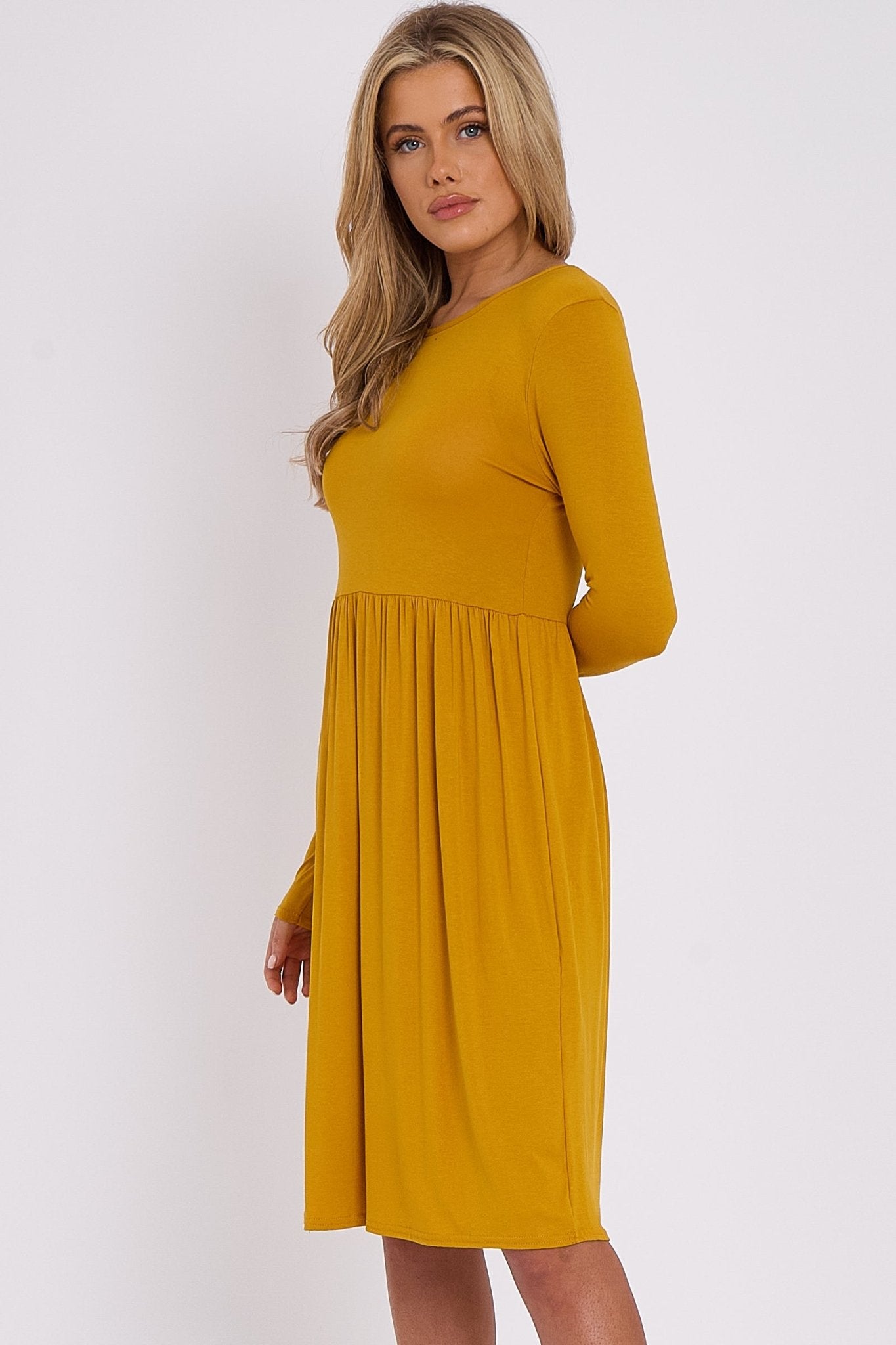 Mustard Long Sleeve Gathered Waist Dress - Lolomo!