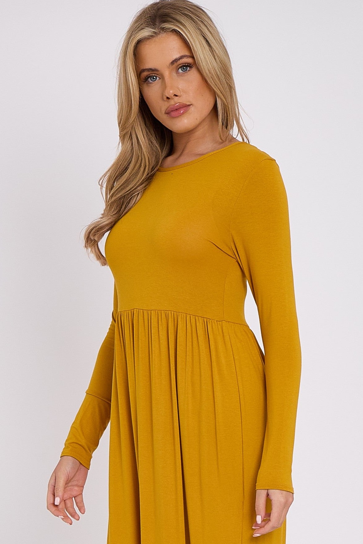 Mustard Long Sleeve Gathered Waist Dress - Lolomo!