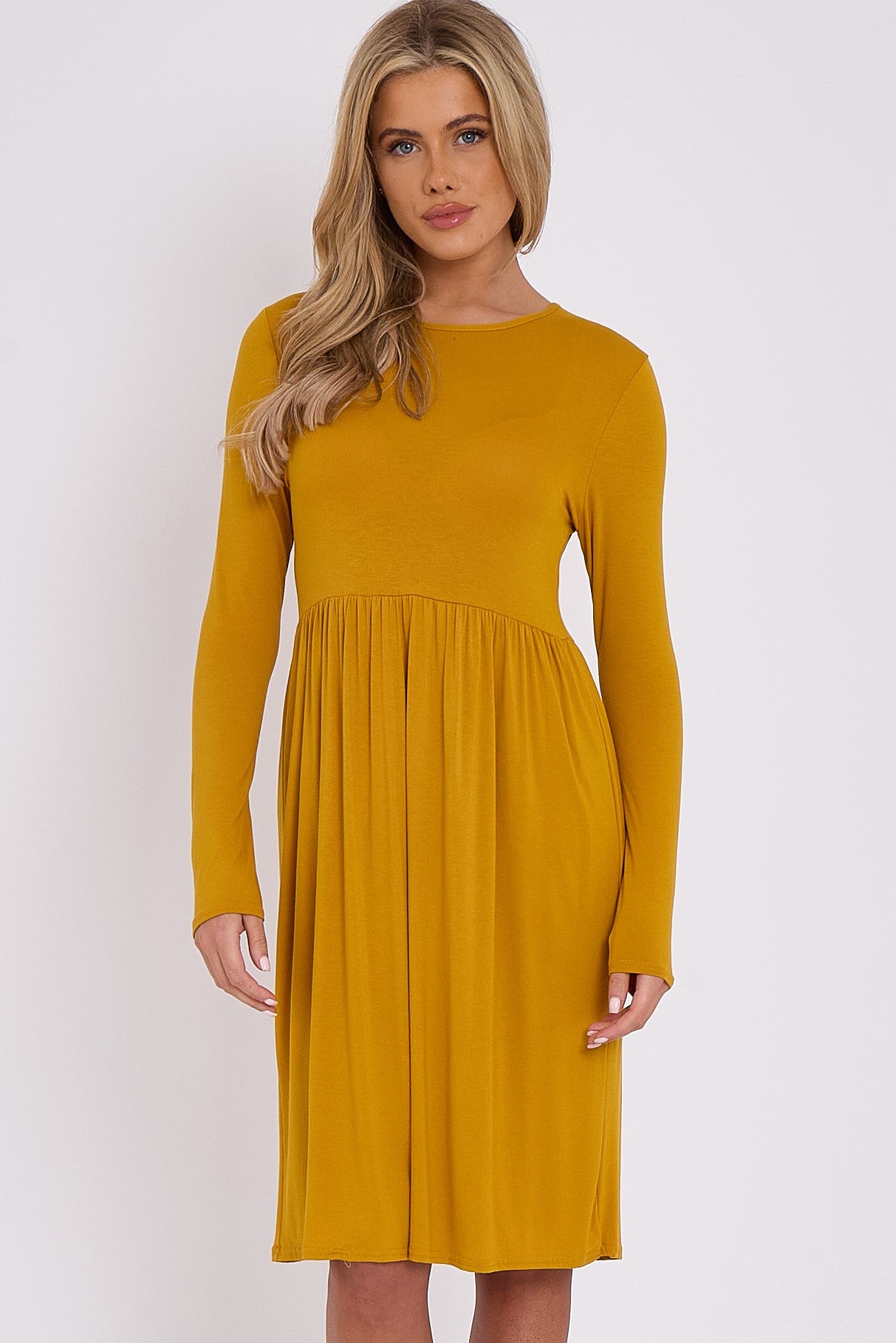 Mustard Long Sleeve Gathered Waist Dress - Lolomo!