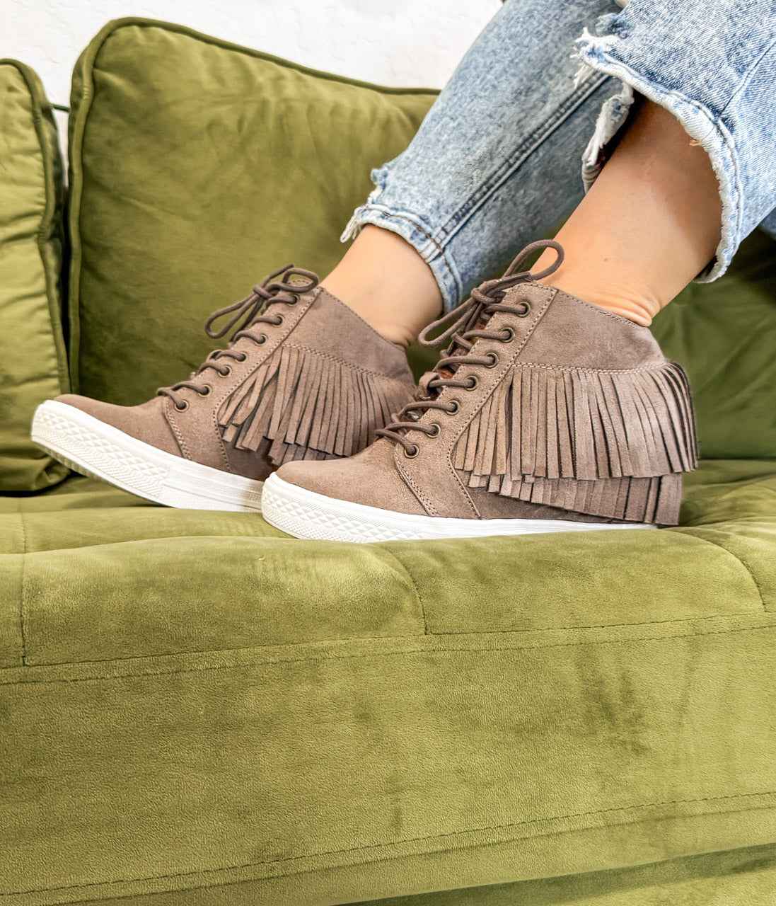 Nick Fringe Sneaker Wedge in Taupe