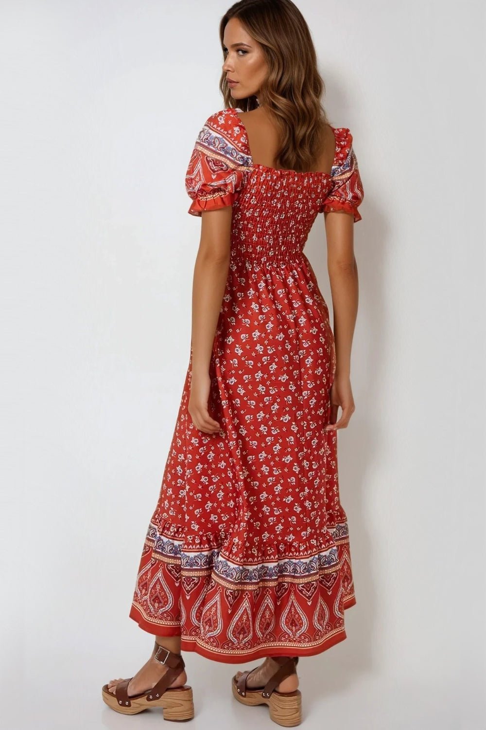 Orange Floral Puff Sleeve Shirred Maxi Dress - Lolomo!