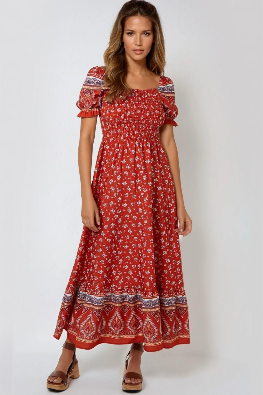 Orange Floral Puff Sleeve Shirred Maxi Dress - Lolomo!