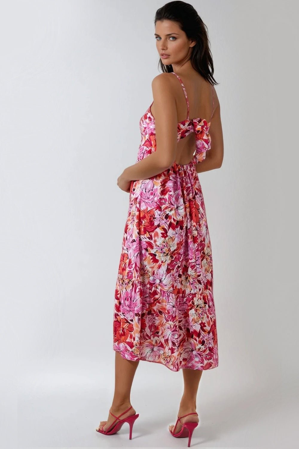 Pink Floral Cami Midi Dress With Cut Out Back - Lolomo!