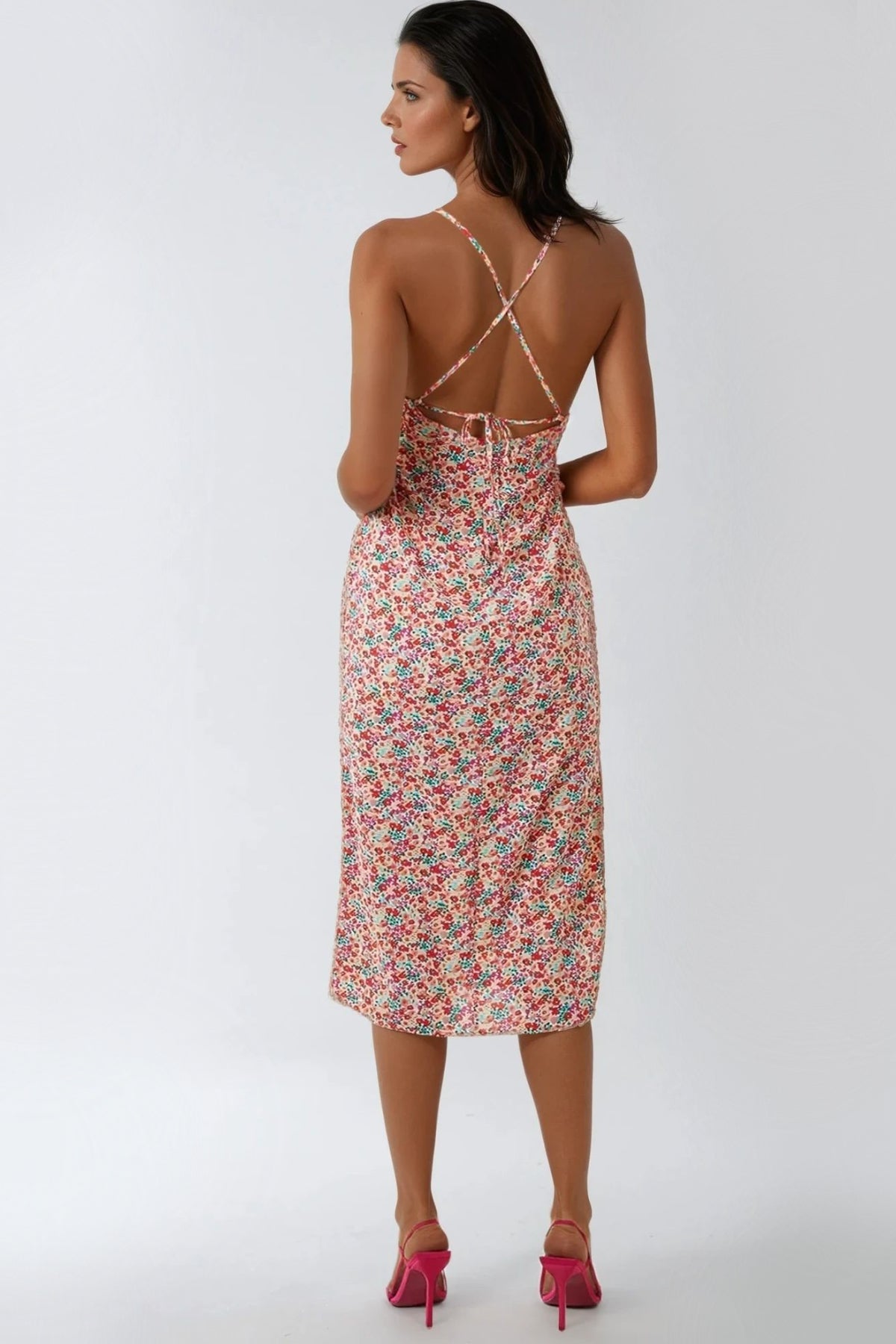 Pink Floral Strappy Midi Dress With Ties - Lolomo!