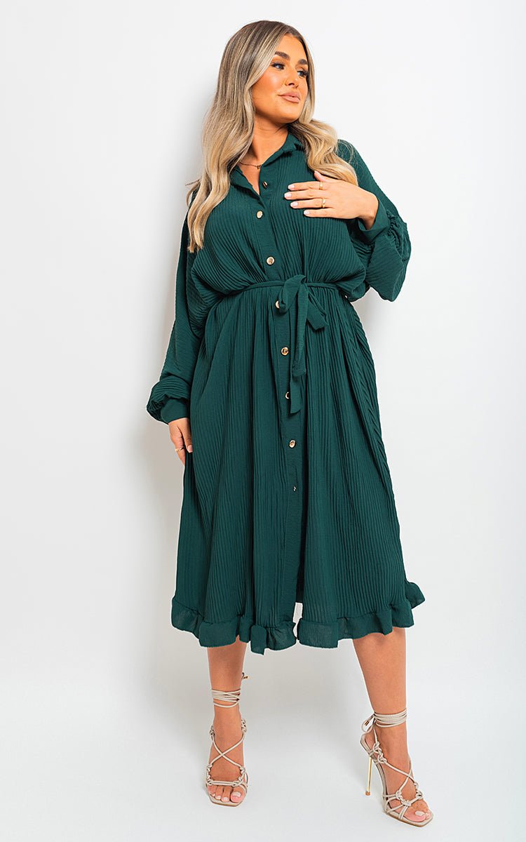 Pleated Frill Button Tie Waist Midi Dress - Lolomo!