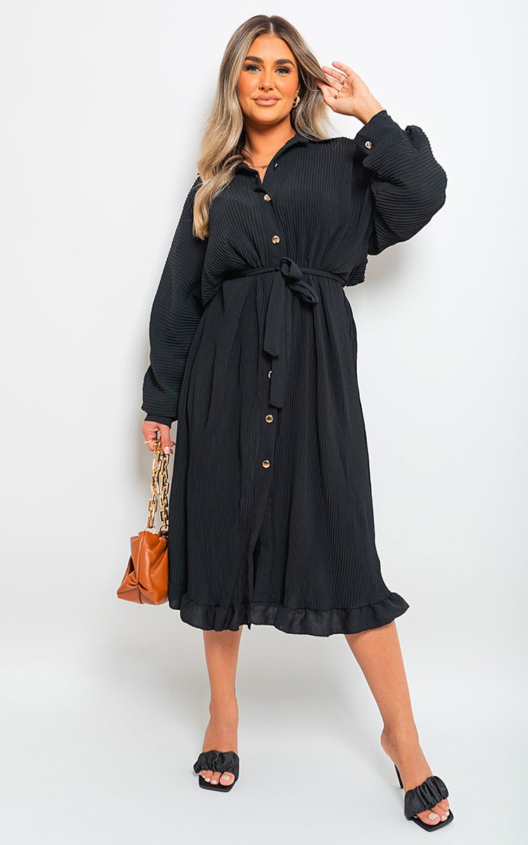 Pleated Frill Button Tie Waist Midi Dress - Lolomo!