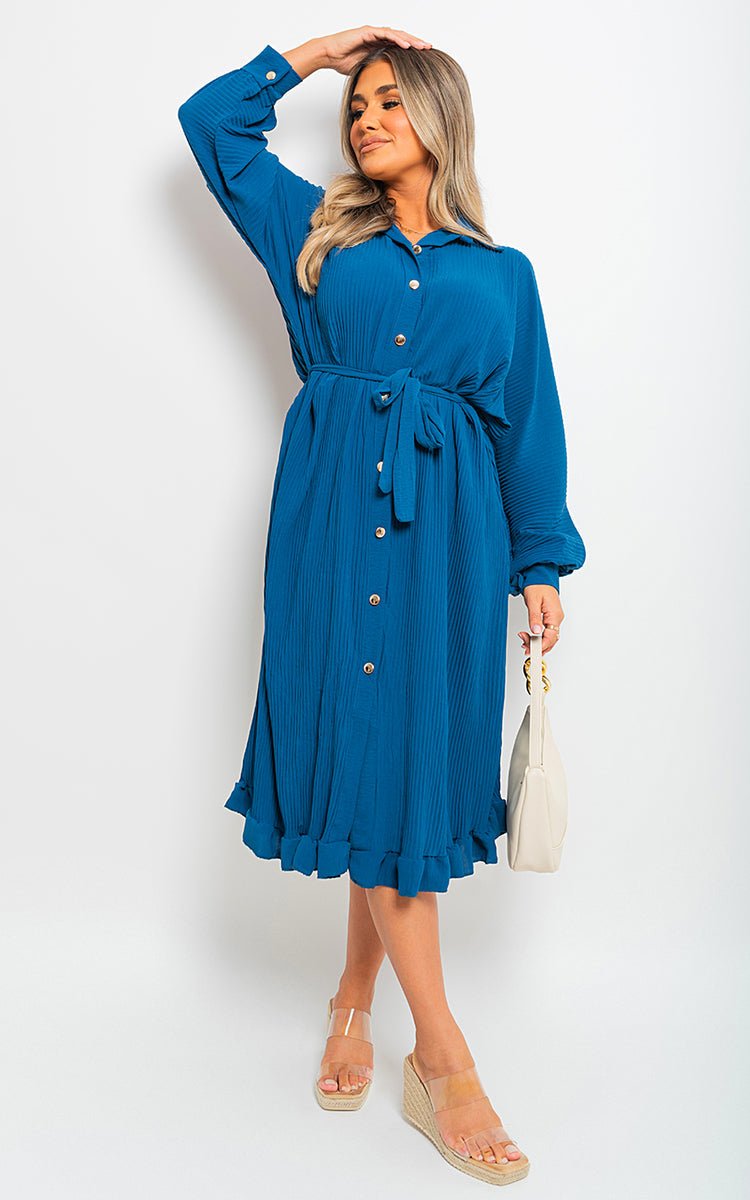 Pleated Frill Button Tie Waist Midi Dress - Lolomo!