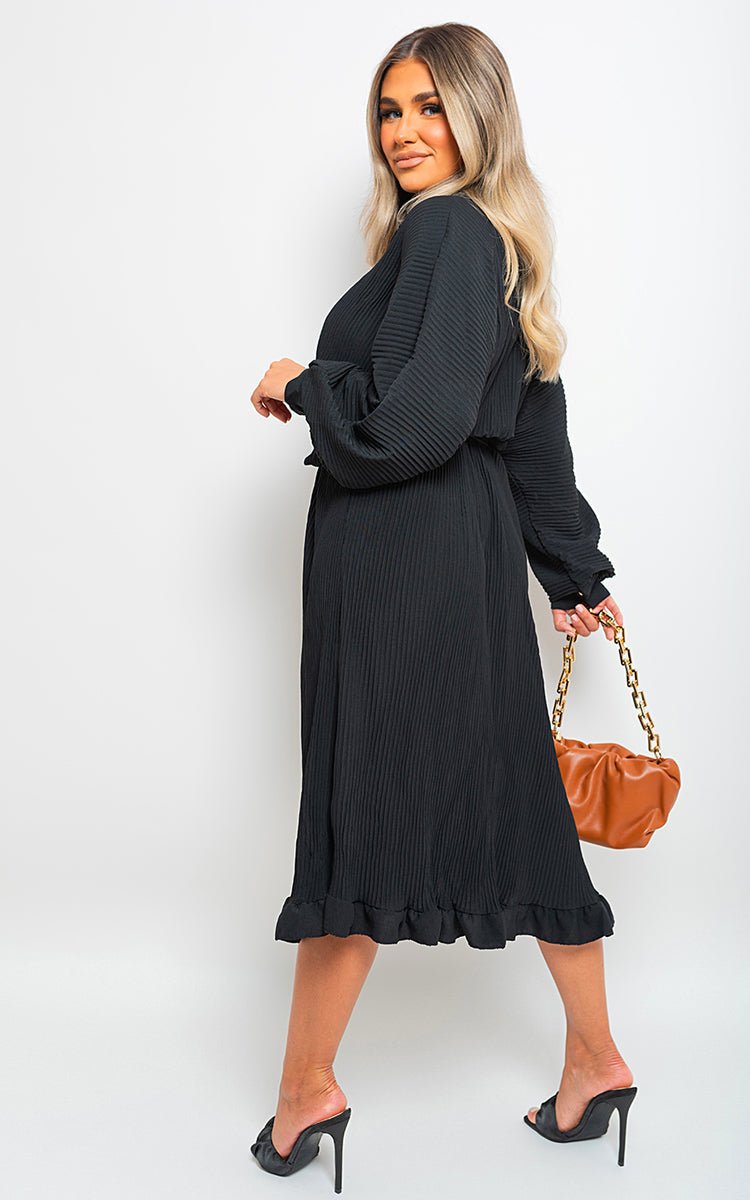 Pleated Frill Button Tie Waist Midi Dress - Lolomo!