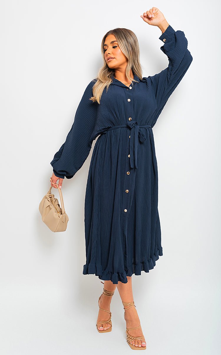Pleated Frill Button Tie Waist Midi Dress - Lolomo!