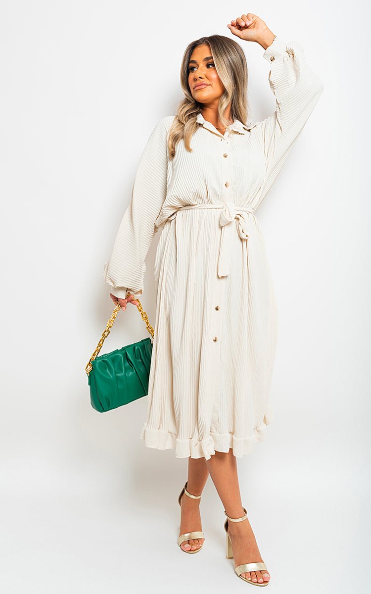 Pleated Frill Button Tie Waist Midi Dress - Lolomo!
