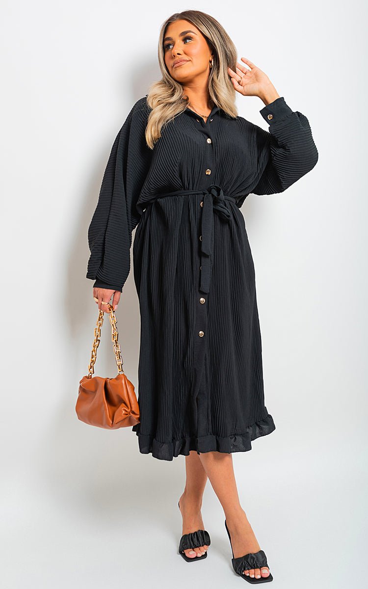 Pleated Frill Button Tie Waist Midi Dress - Lolomo!