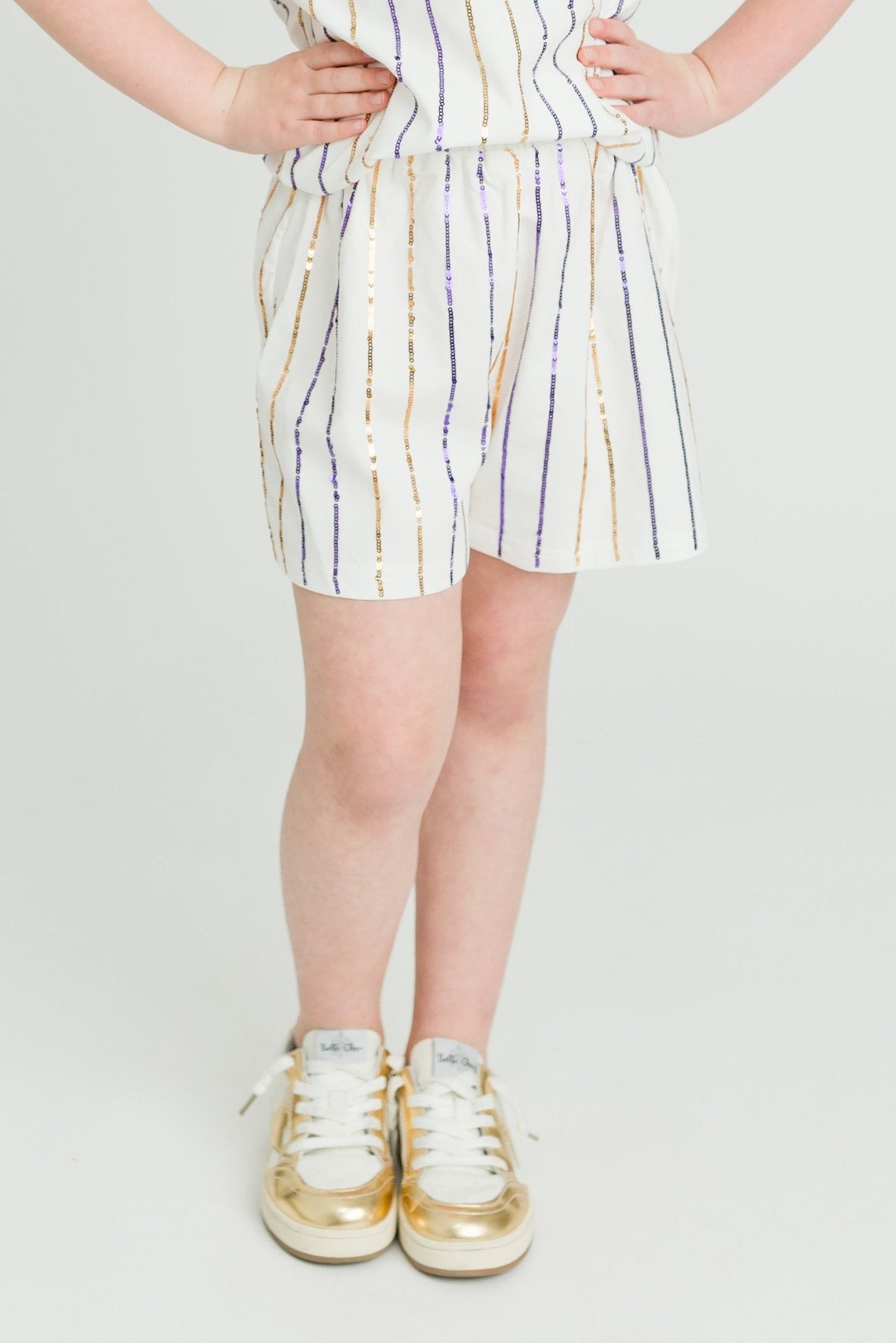 Purple and Gold Sequin Striped Kid Shorts - Lolomo!