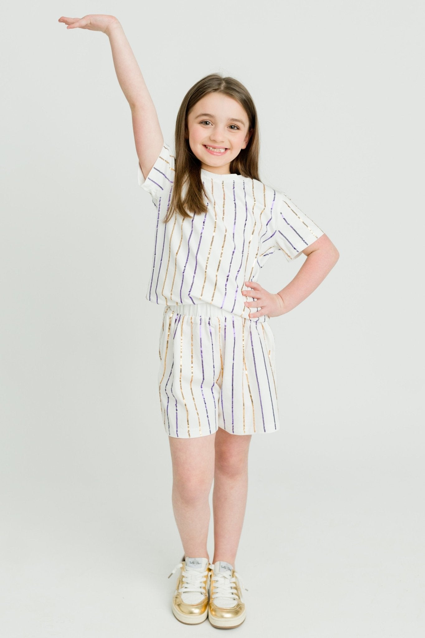 Purple and Gold Sequin Striped Kid Shorts - Lolomo!
