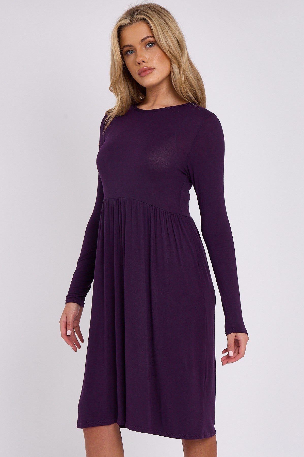Purple Long Sleeve Gathered Waist Dress - Lolomo!