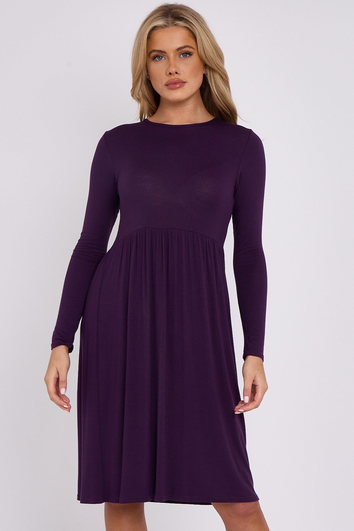 Purple Long Sleeve Gathered Waist Dress - Lolomo!