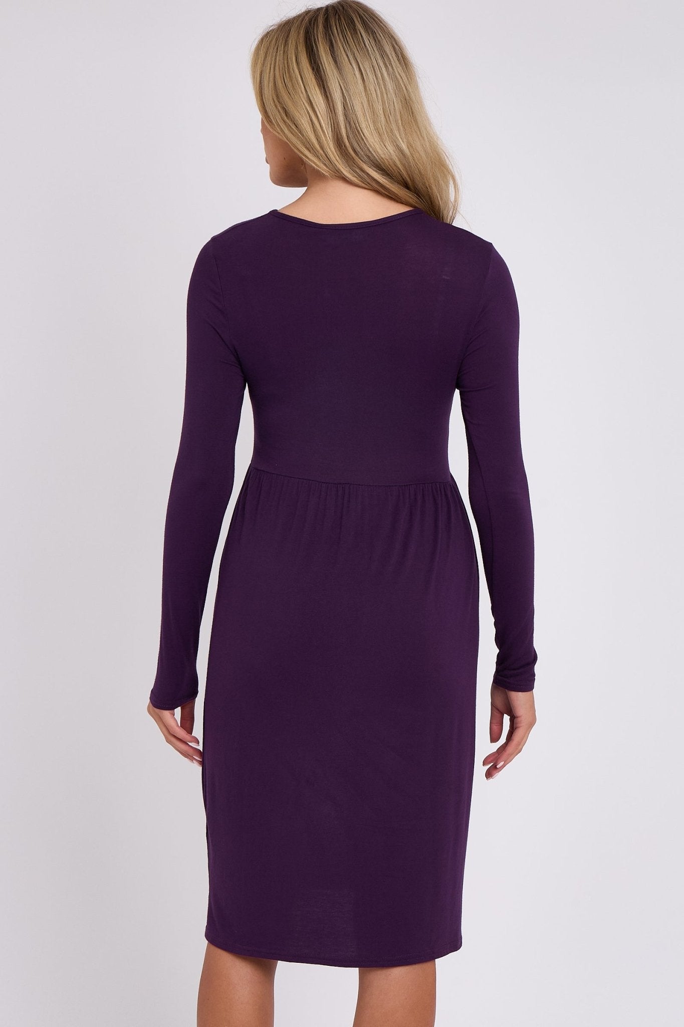 Purple Long Sleeve Gathered Waist Dress - Lolomo!