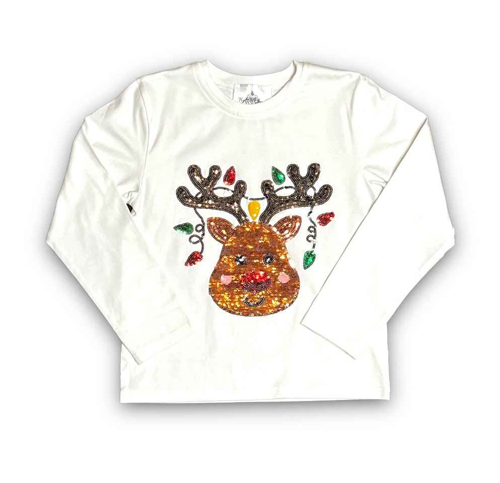 Reindeer Sequin Long Sleeve Kid Shirt - Lolomo!