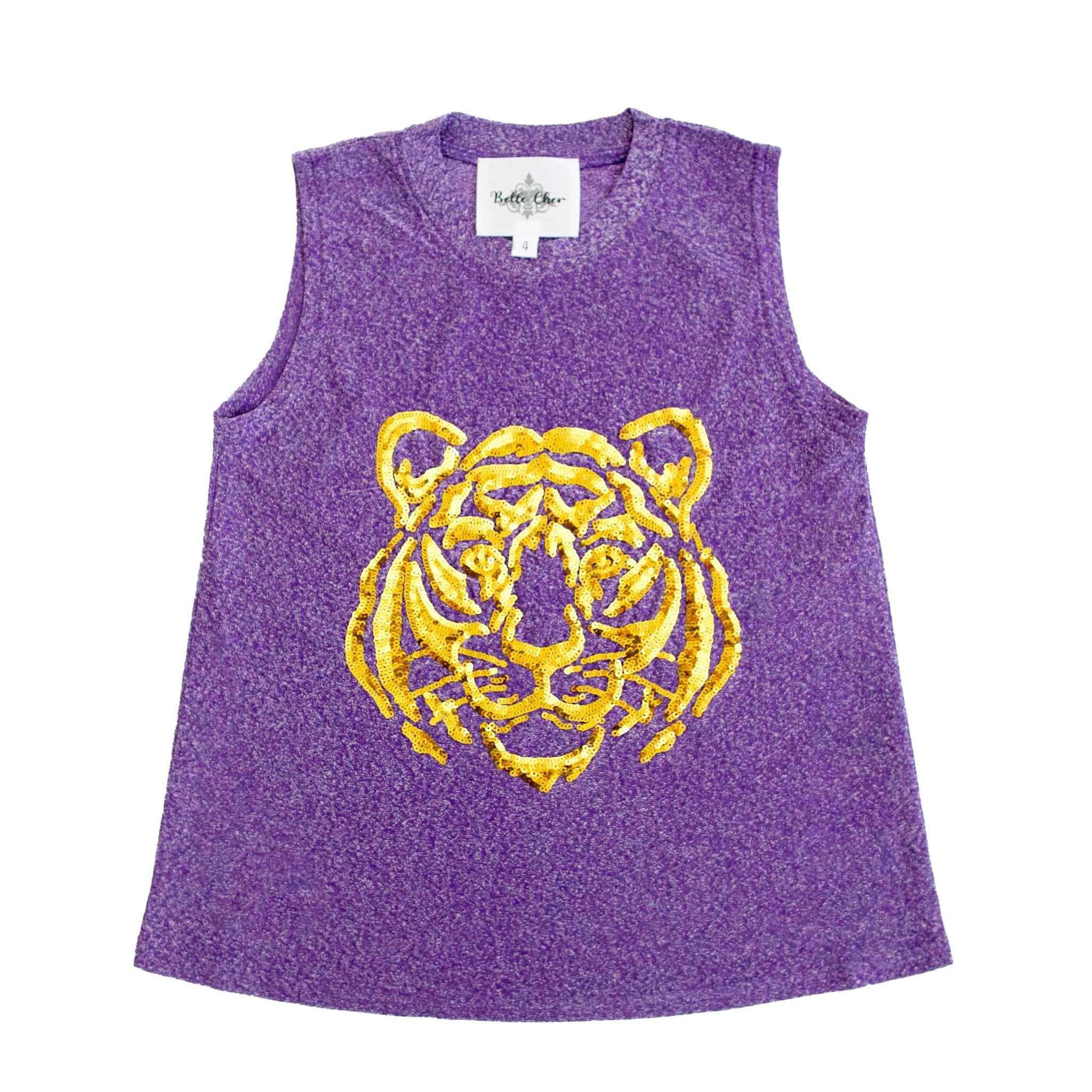Débardeur enfant violet à paillettes et visage de tigre