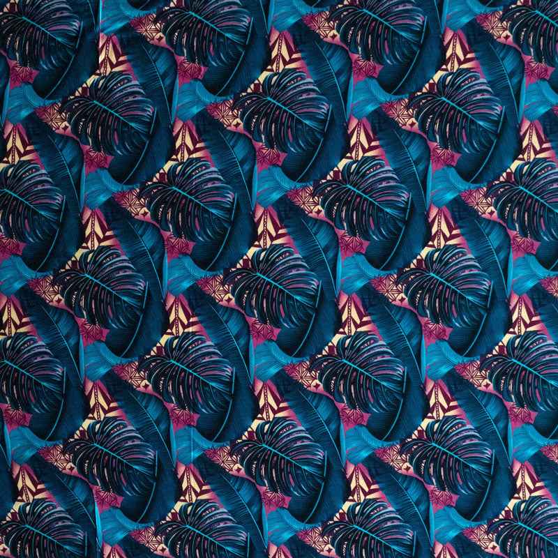 Split & Banana Leaf w/ Traditional Tribal design Rayon Poplin Fabric | Islands Fabric
