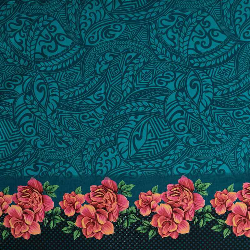 Traditional Polynesian Tattoo Rose Polka Dot border Fabric | Peachskin