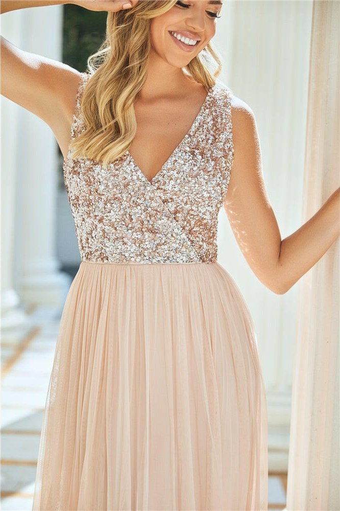 Valeria Blush Sequin V Neck Maxi DRess - Lolomo!