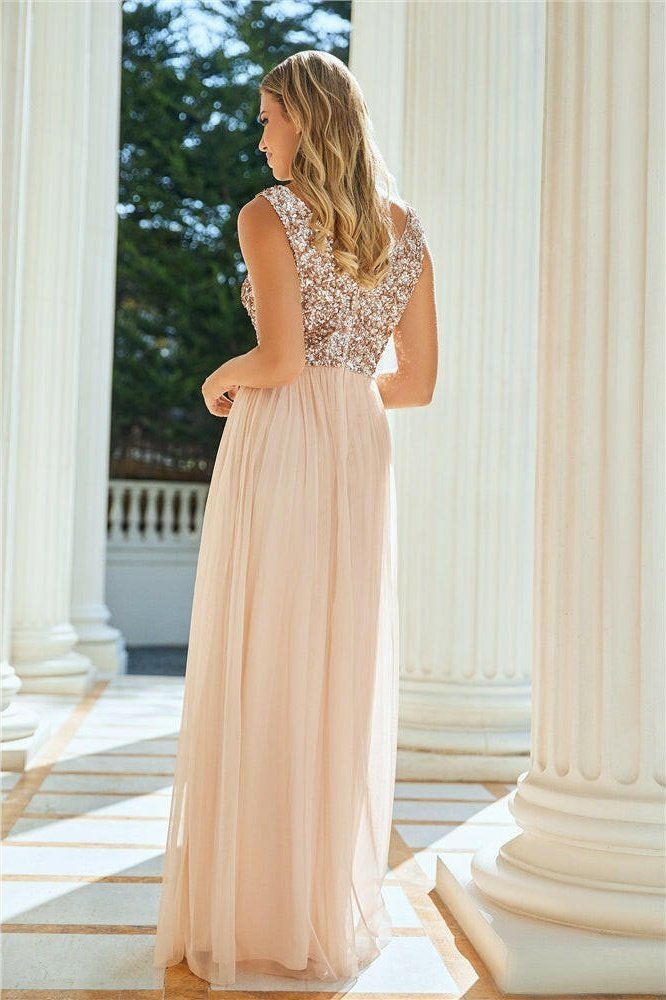 Valeria Blush Sequin V Neck Maxi DRess - Lolomo!