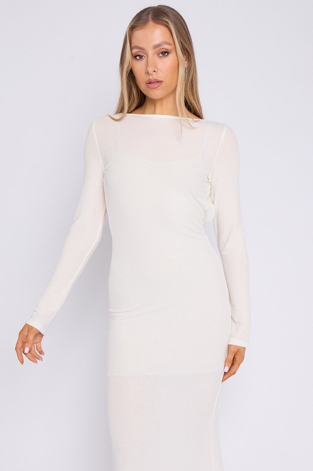 White Long Sleeve Stretch Maxi Dress - Lolomo!