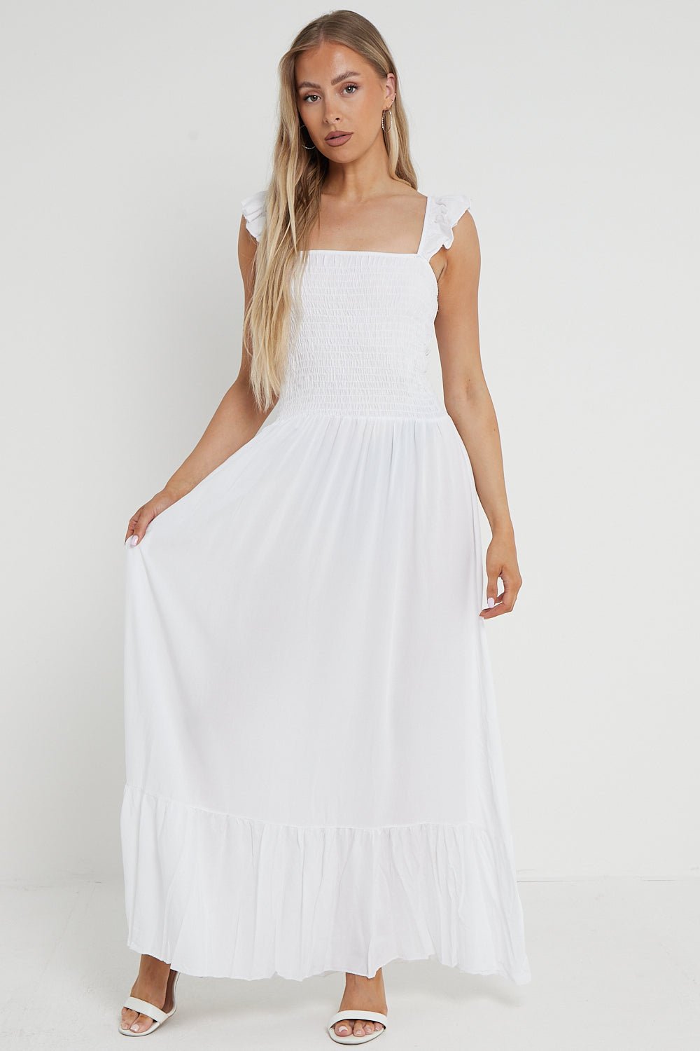 White Shirred Maxi Dress With Frill - Lolomo!