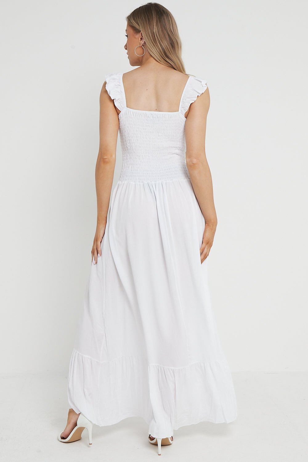 White Shirred Maxi Dress With Frill - Lolomo!