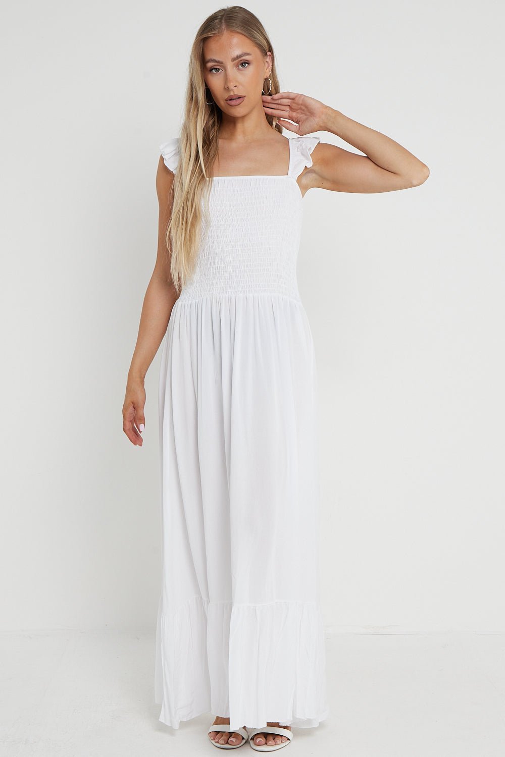 White Shirred Maxi Dress With Frill - Lolomo!