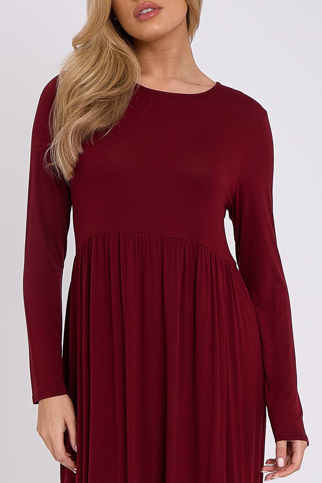 Wine Long Sleeve Gathered Waist Dress - Lolomo!