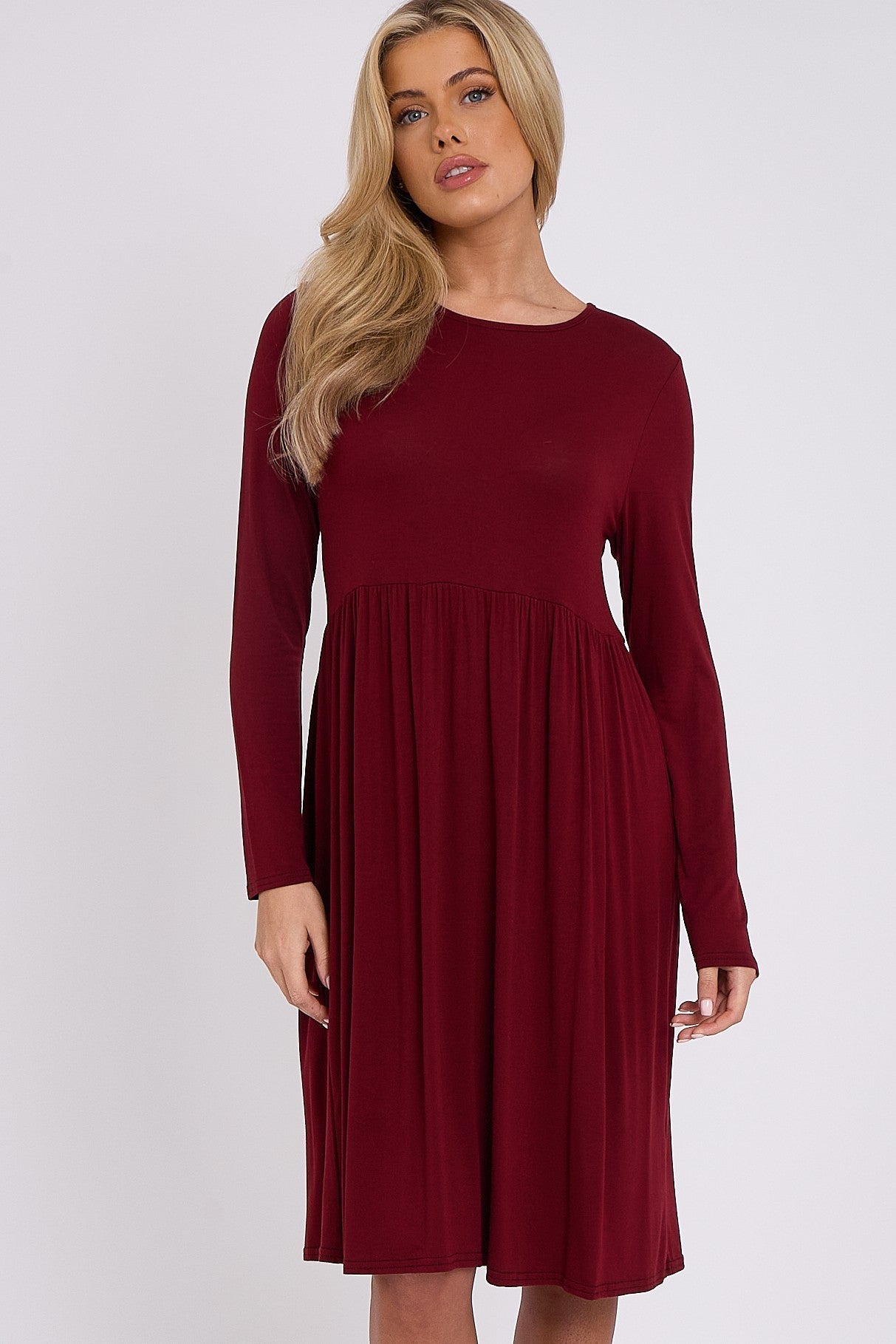 Wine Long Sleeve Gathered Waist Dress - Lolomo!