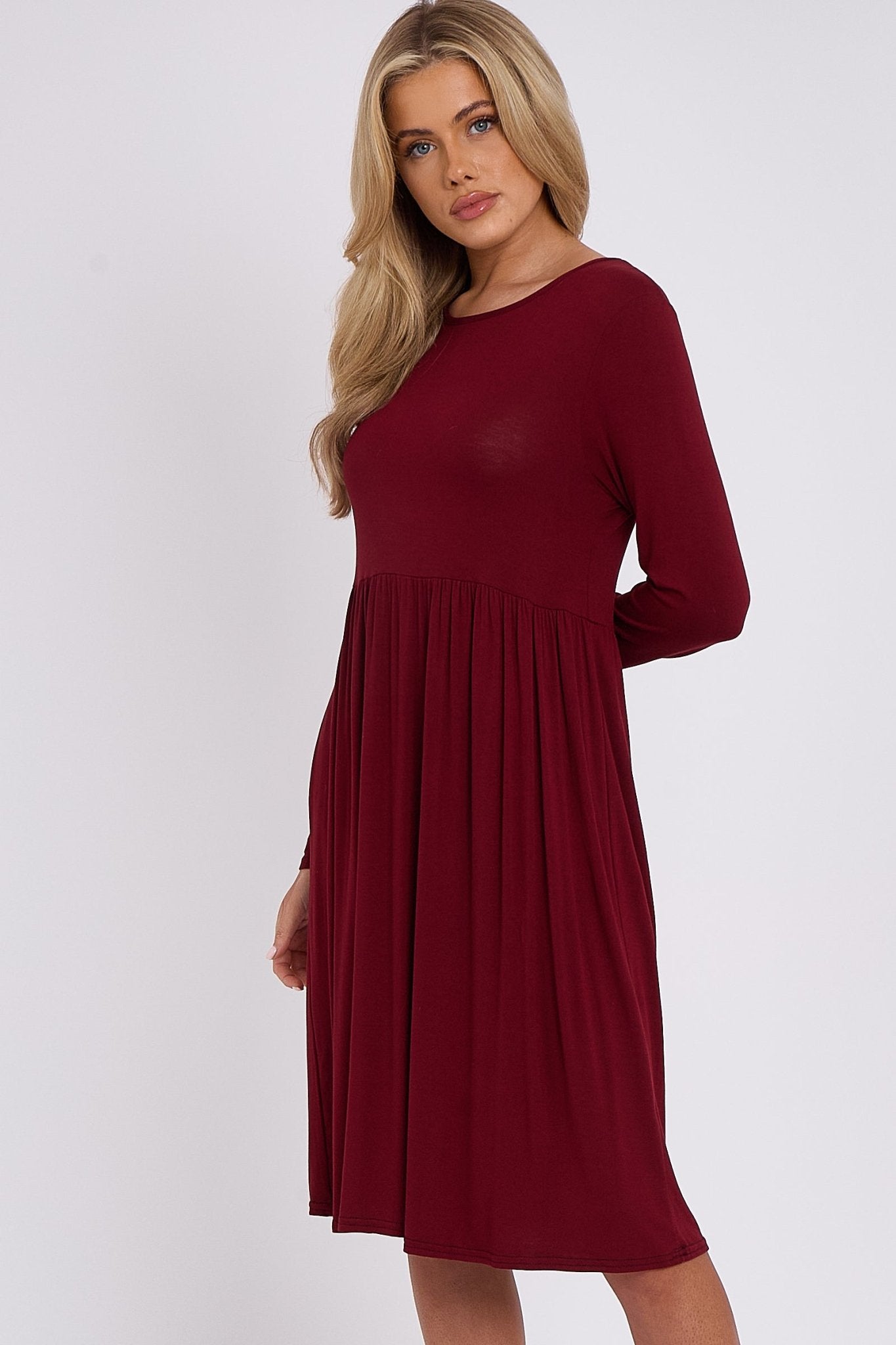 Wine Long Sleeve Gathered Waist Dress - Lolomo!