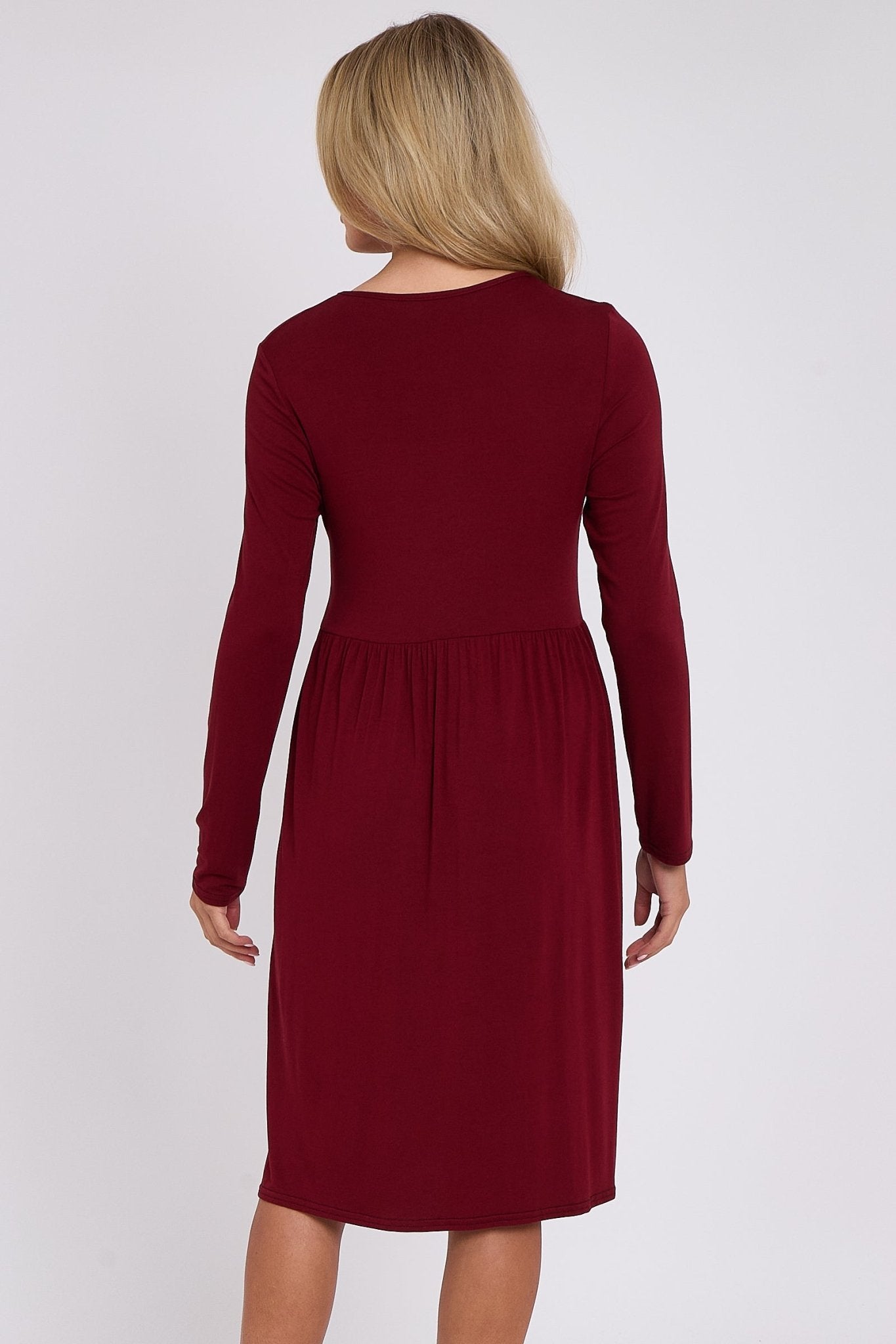 Wine Long Sleeve Gathered Waist Dress - Lolomo!