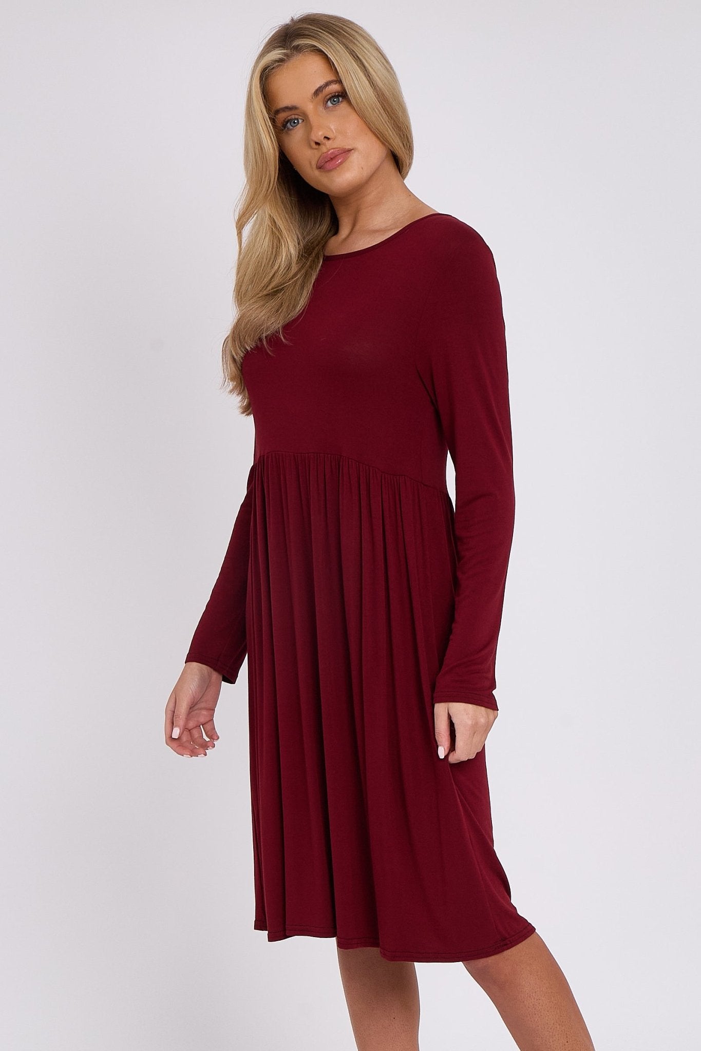 Wine Long Sleeve Gathered Waist Dress - Lolomo!