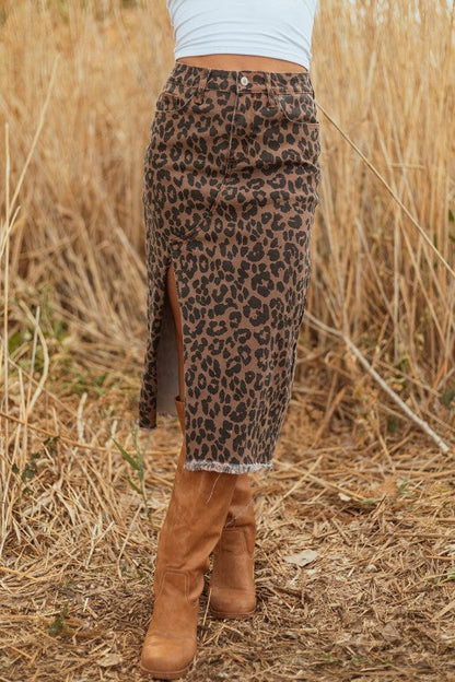 Leopard Denim Frayed Hem Midi Skirt