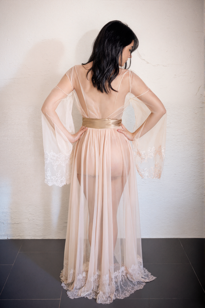 Luxury Champagne Sheer Tulle & Satin Robe Dress with Lace Bell Sleeves