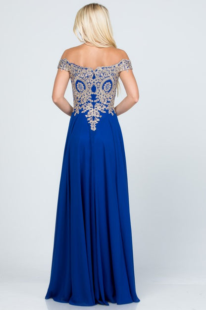 La Scala Off Shoulder Chiffon Gown with Lace Appliques