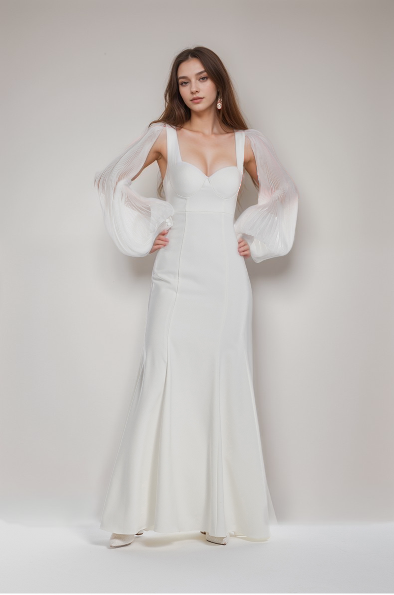 Ethereal Sculpted Bust Mermaid Gown with Sheer Balloon Sleeves
